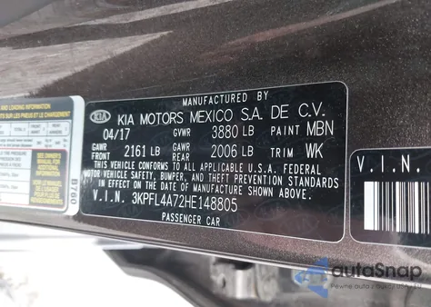 2017 Kia Forte Lx z USA, uszkodzony, nr VIN 3KPFL4A72HE148805